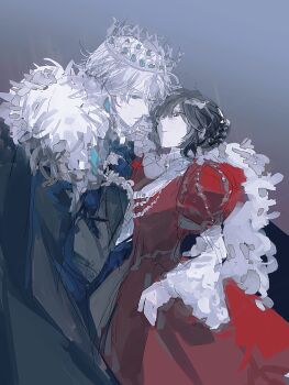 1boy 1girl absurdres aqua_eyes black_cape black_jacket blue_gloves braid bun_with_braided_base cape chinese_commentary closed_mouth commentary_request cowboy_shot dress expressionless eye_contact feather_boa frilled_sleeves frills fur-trimmed_cape fur_trim gloves gown grey_background hair_between_eyes hair_bun hand_up heroine_(lovebrush_chronicles) highres holding_hands jacket jewelry juliet_sleeves lars_rorschach lars_rorschach_(god_forsaken_land) leaning_forward long_sleeves looking_at_another lovebrush_chronicles necklace official_alternate_hair_color pointed_crown profile puffy_sleeves purple_eyes red_dress short_hair simple_background single_hair_bun standing ulcve white_hair