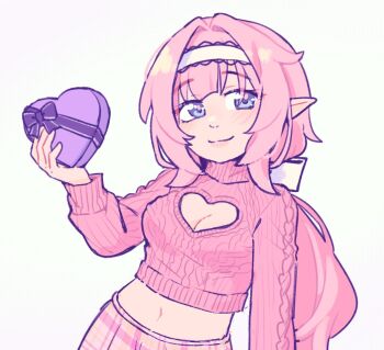 Rule 34 | 1girl, alternate costume, blue eyes, box, breasts, clothing cutout, commentary, elf, elysia (honkai impact), english commentary, hairband, heart-shaped box, heart cutout, honkai (series), honkai impact 3rd, large breasts, long hair, looking at viewer, midriff, navel, pink hair, pink sweater, pointy ears, robin cordelia, smile, solo, sweater, very long hair, white background, white hairband