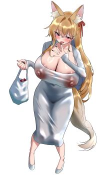 1girl absurdres animal_ears blonde_hair breasts dongtan_dress dress female_focus highres huge_breasts kemonomimi_mode long_hair long_pointy_ears looking_at_viewer nail_polish nipples open_mouth original pointy_ears r_mugen4545 simple_background solo solo_focus tail tongue tongue_out white_background white_dress