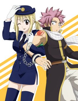 Rule 34 | 1boy, 1girl, blonde hair, bluesnowcat, breasts, cuffs, fairy tail, gloves, handcuffs, hat, lucy heartfilia, natsu dragneel, one eye closed, pink hair, police, police hat, police uniform, policewoman, scarf, thighhighs, twintails, wink