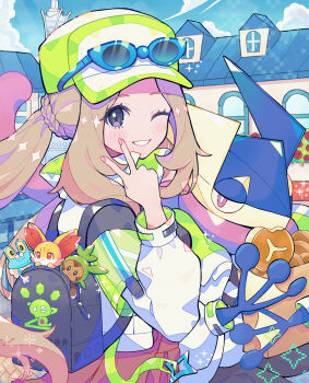 1girl alternate_costume bag braid building character_print chespin cloud commentary_request day eyelashes eyewear_on_headwear fennekin food froakie gen_6_pokemon green_hat greninja grey_eyes grin hand_up haru_(haruxxe) hat highres legendary_pokemon long_hair long_sleeves nail_polish nintendo one_eye_closed outdoors paper_bag pink_nails pokemon pokemon_(creature) pokemon_xy ponytail serena_(pokemon) sky smile sparkle sunglasses teeth v zygarde zygarde_core