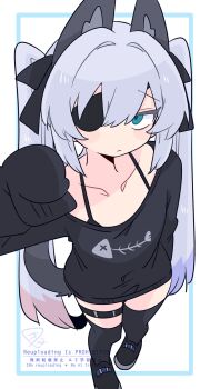 1boy :/ animal_ear_fluff animal_ears asymmetrical_legwear black_bow black_shoes black_sweater black_thighhighs blue_eyes bow bra_strap cat_boy cat_ears cat_tail collarbone commentary covered_navel crossdressing crossdressing_(mtf) expressionless extra_ears eyepatch fish_skeleton fish_skeleton_print flipped_hair foreshortening from_above full_body grey_tail hair_between_eyes hair_bow hand_up highres light_blush long_hair long_sleeves looking_at_viewer male_focus no_nose one_eye_covered op_na_yarou original oversized_clothes paw_pose print_sweater raised_inner_eyebrows rigel_(op_na_yarou) shoes sidelocks simple_background single_bare_shoulder single_off_shoulder single_sleeve_past_fingers solo standing sweater tail thigh_strap thighhighs trap tsurime uneven_legwear very_long_hair watermark white_background white_hair