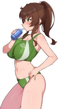 1girl absurdres blush breasts brown_hair buruma cleavage commentary_request cowboy_shot drinking green_buruma green_eyes green_sports_bra hand_on_own_hip highres large_breasts midriff mujin_(mujinzairaisen) navel original ponytail sidelocks solo sports_bikini sports_bra sweat white_background