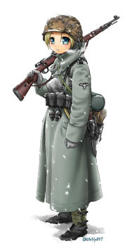 1girl backpack bag black_boots blonde_hair blue_eyes boots camouflage camouflage_headwear coat commentary_request dagger ebifly explosive full_body gloves green_coat grenade grey_gloves gun helmet highres holding holding_gun holding_weapon knife long_sleeves looking_at_viewer military military_uniform original over_shoulder parted_lips pouch simple_background soldier solo standing weapon weapon_over_shoulder white_background world_war_ii