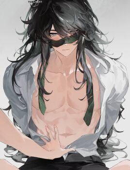 1boy 1other arms_behind_back black_hair black_pants blush closed_mouth collarbone collared_shirt commentary english_commentary highres long_hair looking_at_viewer male_focus open_clothes open_shirt pants pectorals pov qiuyuan_(wuthering_waves) shirt solo_focus toned toned_male white_shirt wuthering_waves yuelight