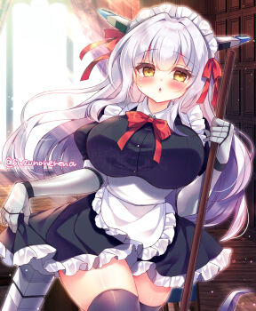 1girl android apron artist_name black_dress black_thighhighs blush bow bowtie breasts broom chestnut_mouth clothes_lift cowboy_shot curvy dress highres holding holding_broom huge_breasts indoors maid maid_headdress mechanical_arms mechanical_ears medium_skirt open_mouth original skirt skirt_lift solo suzunone_rena taut_clothes taut_dress thighhighs twitter_username waist_apron watermark white_hair window wing_collar yellow_eyes zettai_ryouiki