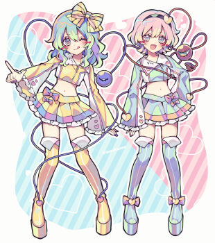 2girls :d ;q a-one aqua_boots aqua_jacket aqua_skirt black_hairband blue_background blush boots bow commentary cropped_jacket cutout_eyelashes double-parted_bangs english_commentary frilled_skirt frilled_sleeves frills full_body green_eyes green_hair hair_bow hair_ornament hairband heart heart-shaped_pupils heart_hair_ornament heart_in_eye highres jacket komeiji_koishi komeiji_satori kyouda_suzuka long_hair long_sleeves looking_at_viewer midriff miniskirt multiple_girls nail_polish navel one_eye_closed open_mouth pink_background pink_eyes pink_hair pink_nails platform_boots pleated_skirt purple_bow purple_nails short_hair siblings sisters skirt smile standing striped_bow symbol-shaped_pupils symbol_in_eye thigh_boots third_eye tongue tongue_out touhou two-tone_background yellow_boots yellow_bow yellow_jacket yellow_skirt zipper