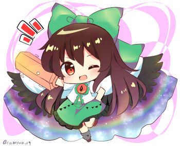 Rule 34 | 1girl, ;d, arm cannon, arm up, black wings, bow, brown hair, cape, center frills, chibi, chibi only, commentary request, control rod (touhou), frilled skirt, frills, green bow, green skirt, highres, long hair, looking at viewer, one eye closed, open mouth, ramudia (lamyun), red eyes, reiuji utsuho, shirt, short sleeves, skirt, smile, solo, standing, standing on one leg, third eye, touhou, twitter username, very long hair, weapon, white cape, white shirt, wings