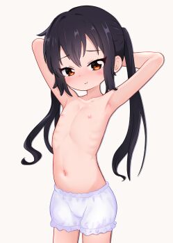 1girl armpits arms_behind_head arms_up black_hair bloomers brown_eyes flat_chest highres k-on! loli long_hair nakano_azusa navel nipples pepzi simple_background solo twintails underwear