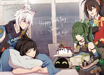 animal_ears bangboo_(zenless_zone_zero) blue_jacket cat_boy checkered_necktie hairband highres jacket jane_doe_(zenless_zone_zero) metal_hairband mikage033 mouse_ears mouse_girl multicolored_hair necktie police police_uniform policewoman ponytail qingyi_(zenless_zone_zero) red_streaks securityboo_(zenless_zone_zero) seth_lowell sleeping zenless_zone_zero zhu_yuan