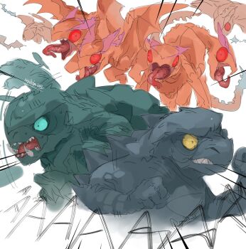 aryachebna_6494 break chibi crest crossover dinosaur engi_(animation_studio) gamera gamera_(series) gamera_-rebirth- giant giant_monster glowing glowing_eyes godzilla godzilla_(2014) godzilla_(series) green_eyes gyaos highres kadokawa kaiju legendary_pictures monster monsterverse no_humans open_mouth red_eyes running sharp_teeth simple_background tail talons teeth toho tongue tongue_out turtle tusks white_background wings yellow_eyes