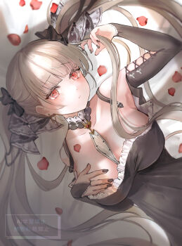 1girl absurdres azur_lane bare_shoulders between_breasts black_bow black_dress black_nails bow breasts cleavage commentary detached_collar dress formidable_(azur_lane) frilled_dress frills grey_hair hair_bow hand_on_own_chest highres large_breasts long_hair looking_at_viewer lying nail_polish necktie necktie_between_breasts on_back red_eyes red_petals ribbon solo symbol-only_commentary tanatu_0 twintails two-tone_dress two-tone_ribbon very_long_hair watermark