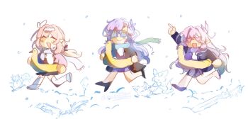 3girls black_coat blue_hair blue_scarf cantarella_(wuthering_waves) character_snowman coat commentary company_connection cyrene_(honkai:_star_rail) cyrene_(ripples_of_past_reverie)_(honkai:_star_rail) duck_innertube elf elysia_(honkai_impact) english_commentary hairband heart heart-shaped_eyewear highres honkai:_star_rail honkai_(series) honkai_impact_3rd innertube inoue_marina karetokoi long_hair mem_(honkai:_star_rail) multicolored_hair multiple_girls pointy_ears purple_scarf scarf smile snow snowman sunglasses swim_ring two-tone_hair very_long_hair voice_actor_connection white_hairband white_scarf wuthering_waves yanning