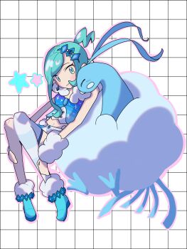 1girl absurdres altaria arm_warmers bird blue_boots blue_hair blush boots closed_eyes closed_mouth commentary feathers gen_3_pokemon green_eyes green_hair hair_ornament highres idol lisia_(pokemon) long_hair midriff navel nintendo pokemon pokemon_(creature) pokemon_oras saltmusubi_12 shorts sidelocks single_thighhigh smile star_(symbol) symbol-only_commentary thighhighs white_feathers white_shorts