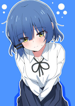 1girl absurdres arms_between_legs black_ribbon blue_background blue_hair blue_skirt bocchi_the_rock! breasts breasts_squeezed_together bubble hair_ornament hairclip highres hosinonana long_sleeves medium_breasts medium_skirt parallel_hairclips pleated_skirt ribbon school_uniform shirt short_hair sitting skirt solo sweatdrop white_shirt yamada_ryo yellow_eyes