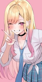 1girl black_choker blonde_hair blue_necktie blue_skirt blush breasts choker highres kitagawa_marin long_hair medium_breasts nail_polish nakano_kura necktie one_eye_closed red_eyes school_uniform shirt skirt smile solo sono_bisque_doll_wa_koi_wo_suru standing teeth v white_shirt