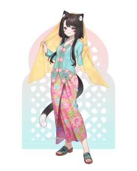 Rule 34 | 1girl, absurdres, animal ears, batik, black hair, blush, cat ears, cat girl, cat tail, commentary, english commentary, full body, grin, highres, kebaya, long sleeves, malay commentary, malay text, malaysian clothes, mixed-language commentary, original, pink eyes, sandals, short hair with long locks, smile, solo, standing, svet yomi, swept bangs, tail, teeth, veil, yellow veil