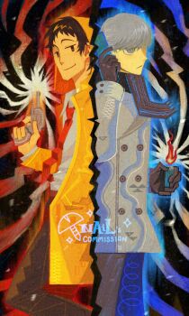 2boys absurdres adachi_tooru back-to-back black_gloves brown_eyes brown_hair chinese_commentary closed_mouth coat collared_shirt commentary_request commission fire gloves grey_coat grey_eyes grey_hair gun handgun highres holding holding_gun holding_lighter holding_phone holding_weapon hood hood_up lighter long_sleeves looking_at_another looking_to_the_side male_focus multiple_boys nailtoo narukami_yu necktie persona persona_4 phone raincoat red_necktie revolver scarf shirt short_hair smile split_screen standing watermark weapon white_shirt yellow_raincoat