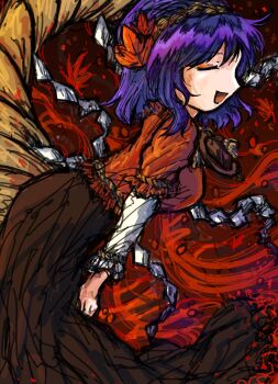 Rule 34 | 1girl, blue hair, dade ne, from side, hair ornament, highres, leaf, leaf hair ornament, maple leaf, medium hair, one-hour drawing challenge, open mouth, red background, rope, shimenawa, solo, touhou, yasaka kanako