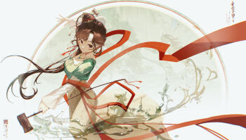 1girl absurdres banbi brown_eyes brown_hair chinese_clothes chinese_hairpin circle closed_mouth cowboy_shot dancing dipper floating_hair from_side green_shirt hair_bun hair_ornament hand_up hanfu highres holding holding_spoon jewelry jiu_niangzi layered_sleeves leg_up liquid long_hair long_skirt long_sleeves looking_at_viewer mrruaaa necklace red_shawl reverse:1999 shawl shirt short_over_long_sleeves short_sleeves single_side_bun skirt smile solo spilling spoon tassel tassel_hair_ornament white_background white_sleeves yellow_skirt