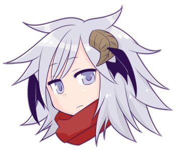 Rule 34 | 1boy, black wings, brown horns, closed mouth, commentary request, demon wings, expressionless, grey eyes, grey hair, guillotine cross (ragnarok online), head wings, horns, iyofika, long hair, looking at viewer, lowres, male focus, portrait, purple eyes, ragnarok online, red scarf, scarf, simple background, solo, white background, wings