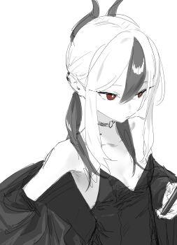 Rule 34 | 1girl, :/, black horns, black jacket, black leotard, blue archive, breasts, cleavage, closed mouth, commentary request, demon horns, earclip, flat chest, hair between eyes, highres, horns, jacket, kayoko (blue archive), leather, leather jacket, leotard, mole, mole on neck, multicolored hair, off shoulder, open clothes, open jacket, red eyes, sidelocks, simple background, solo, strapless, strapless leotard, twintails, two-tone hair, wb, white background, white hair, zangaiiii1