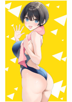 1girl :d ass bare_arms bare_shoulders black_hair blue_eyes blue_one-piece_swimsuit blush breasts commentary_request highleg highleg_one-piece_swimsuit highres inuzumi_masaki large_breasts looking_at_viewer looking_to_the_side one-piece_swimsuit open_mouth original short_hair simple_background smile solo swimsuit tomboy towel yellow_background