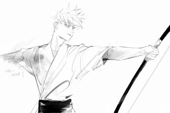 Rule 34 | 1boy, archery, artistguillotine, bow (weapon), chinese commentary, commentary request, dated, gojou satoru, greyscale, highres, holding, holding bow (weapon), holding weapon, japanese clothes, jujutsu kaisen, kimono, kyuudou, monochrome, short hair, short sleeves, signature, simple background, sketch, smile, solo, upper body, weapon, white background, yumi (bow)