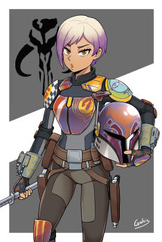 1girl absurdres armor asymmetrical_gloves belt_pouch black_gloves commentary_request cowboy_shot fingerless_gloves galois gloves gun helmet highres holding holding_sword holding_unworn_helmet holding_weapon holster holstered knee_pads korean_commentary mandalorian multicolored_hair orange_eyes pouch purple_hair sabine_wren short_hair signature solo star_wars star_wars_rebels sword two-tone_hair unworn_headwear unworn_helmet weapon white_hair