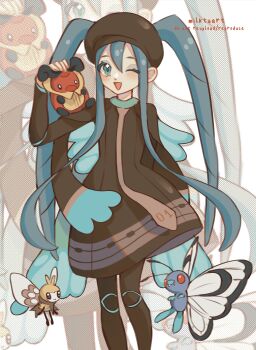 1girl :> :d absurdres blue_eyes blue_hair blue_wings brown_dress brown_eyes brown_hat brown_necktie brown_pantyhose brown_scarf bug bug_miku_(project_voltage) butterfly butterfree commentary dress fake_wings fangs flying gen_1_pokemon gen_4_pokemon gen_7_pokemon hair_between_eyes hat hatsune_miku highres insect kricketot long_hair long_sleeves looking_at_viewer milktuart necktie nintendo one_eye_closed open_mouth pantyhose pokemon pokemon_(creature) project_voltage red_eyes ribombee scarf simple_background smile standing symbol-only_commentary twintails upper_body vocaloid white_background white_wings wings
