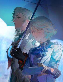 2girls ahoge arlecchino_(genshin_impact) artist_name ascot black_eyes black_gloves black_lips black_shirt black_vest blue_ascot blue_eyes blue_gem blue_hair blue_jacket blue_pupils blurry blurry_background breasts claws commentary day drill_hair drill_sidelocks english_commentary frills furina_(genshin_impact) gem genshin_impact gloves gold_ring grey_hair grey_vest hand_on_own_arm highres holding holding_umbrella huge_ahoge jacket jewelry keibleh lapels lips long_sleeves looking_at_viewer mandarin_collar medium_breasts multicolored_hair multiple_girls no_headwear open_clothes open_jacket outdoors pendant rain red_pupils shirt sidelocks sky teeth two-tone_hair umbrella upper_body vest white_jacket white_shirt white_sky