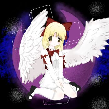 Rule 34 | angel wings, bow, feathered wings, gengetsu (touhou), hair bow, lotus land story, open clothes, open vest, red bow, touhou, touhou (pc-98), touhouloverxd, vest, white wings, wings