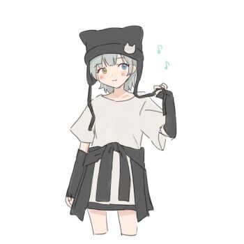 Rule 34 | 1girl, animal ear headwear, animal ears, bang dream!, bang dream! it's mygo!!!!!, black arm warmers, black jacket, blue eyes, cat ears, clothes around waist, commentary, fake animal ears, grey hair, heterochromia, highres, jacket, jacket around waist, kaname raana, m (226mmy), musical note, raana the cat, shirt, short hair, short sleeves, simple background, solo, symbol-only commentary, white background, white shirt, yellow eyes