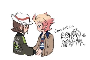 2boys 2girls blonde_hair blue_eyes blush brown_hair brown_jacket closed_mouth english_text harmony_(pokemon) hat hetero holding_hands jacket lida_(pokemon) multiple_boys multiple_girls naveen_(pokemon) nintendo open_clothes open_jacket partially_colored pokemon pokemon_legends:_z-a print_jacket print_shirt shirt urbain_(pokemon) white_background white_hat xlii_idk