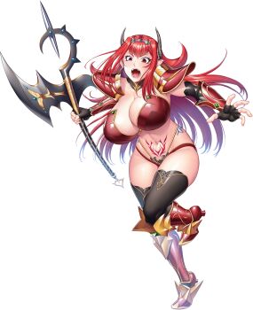 1girl :o alectra armor armored_boots axe battle_axe bikini_armor boots breasts cleavage curvy demon_girl elbow_gloves fangs fingerless_gloves full_body gloves highres holding holding_weapon horns jumping long_hair looking_at_viewer navel non-web_source official_art pointy_ears red_eyes red_hair revealing_clothes shiny_clothes shiny_skin stomach_tattoo taimanin_(series) taimanin_rpgx tattoo thighs thong tiara transparent_background weapon wide_hips zol