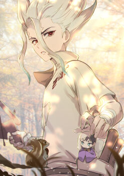 2boys absurdres asagiri_gen bandaged_arm bandages black_hair blonde_hair chibi cracked_skin doran_(doran7280) dr._stone highres holding ishigami_senkuu japanese_clothes looking_at_viewer male_focus multicolored_hair multiple_boys outdoors parted_lips red_eyes spiked_hair squirrel two-tone_hair white_hair