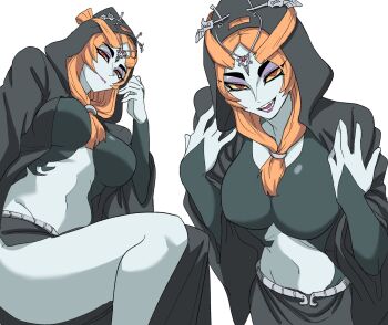 1girl black_robe breasts colored_sclera colored_skin commentary_request eyeshadow fangs front_ponytail headpiece highres hood hooded_robe large_breasts long_hair makeup midna midna_(true) multicolored_skin multiple_views nasu_(ilo_a5) navel nintendo orange_hair purple_eyeshadow purple_lips red_eyes robe smile the_legend_of_zelda the_legend_of_zelda:_twilight_princess two-tone_skin yellow_sclera