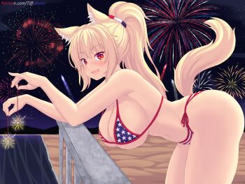 1girl american_flag american_flag_bikini american_flag_print animal_ears ass bikini blonde_hair breasts cat_girl fang fireworks flag_print flag_print_bikini halterneck highres large_breasts looking_at_viewer navel night night_sky nottytiffy original patreon_username ponytail print_bikini side-tie_bikini_bottom sky sparkler string_bikini swimsuit tail tiffy_(nottytiffy)