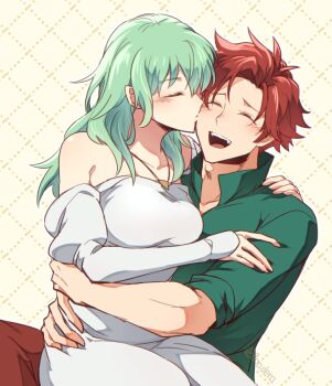 0nodera 1boy 1girl bare_shoulders closed_eyes commentary_request couple dress female_byleth_(fire_emblem) fire_emblem fire_emblem:_three_houses green_hair hetero hug jewelry kiss long_hair necklace nintendo open_mouth red_hair short_hair short_sleeves sylvain_jose_gautier white_dress