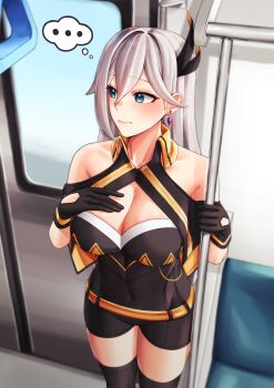 ... 1girl absurdres bare_shoulders black_gloves black_shirt black_shorts blue_eyes breasts cecilia_schariac commentary_request gloves hair_ornament highres honkai_(series) honkai_impact_3rd korean_commentary large_breasts long_hair pyeong_il shirt short_shorts shorts solo spoken_ellipsis thighs train_interior very_long_hair white_hair