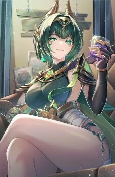 1girl absurdres breasts closed_mouth commentary_request crossed_legs cup dress drinking_glass facial_mark genshin_impact green_dress green_eyes green_hair green_pupils hair_ornament headgear highres holding holding_cup indoors jewelry large_breasts looking_at_viewer mark_under_eye medium_hair mole mole_under_eye nefer_(genshin_impact) short_dress sitting smile solo symbol-shaped_pupils thighlet thighs triangle-shaped_pupils yuno_kaihara