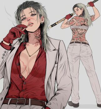 1girl absurdres arm_tattoo ass back_tattoo belt black_hair blonde_hair breasts breasts_apart buttons center_opening cigarette cleavage commentary drawing_sword ear_ornament ear_piercing english_commentary eyebrow_piercing face_piercing formal_clothes from_behind from_below full_body gloves gradient_hair grey_background grey_belt grey_eyes grey_hair grey_jacket grey_pants grey_shoes hair_slicked_back highres holding holding_cigarette holding_sheath holding_sword holding_weapon irezumi jacket jewelry katana large_breasts long_hair long_sleeves looking_at_viewer looking_back medium_hair multicolored_hair multiple_views muscular muscular_female neck_tattoo necklace no_shirt oni open_clothes open_mouth original pants parted_lips partially_unbuttoned piercing red_gloves red_shirt scabbard scar scar_on_breasts scar_on_chest scar_on_face sheath shirt shoes shoulder_tattoo simple_background smoke smoking solo suit sword tattoo teeth turning_head unbuttoned unbuttoned_shirt unsheathing upper_body upper_teeth_only weapon white_eyes white_hair white_pants white_suit yakuza yoracrab