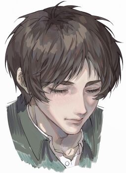 1boy aida_aot brown_hair closed_eyes closed_mouth collared_shirt eren_yeager green_shirt highres light_blush male_focus parted_bangs shingeki_no_kyojin shirt shirt_under_shirt short_hair sketch solo upper_body white_background white_shirt