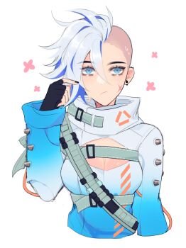 Rule 34 | 1girl, alternate hair color, alternate hairstyle, apex legends, asymmetrical hair, black gloves, black nails, cleavage cutout, closed mouth, clothing cutout, commentary, cropped torso, cross scar, ear piercing, earrings, english commentary, eyelashes, facial scar, fingerless gloves, fingernails, gloves, highres, itsaboutspoons, jewelry, long sleeves, nail polish, piercing, scar, scar on cheek, scar on face, short hair, sidecut, simple background, solo, sweat, undercut, white background, white hair, wraith (apex legends)