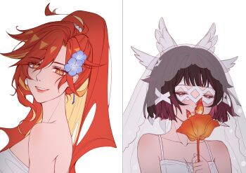 2girls absurdres ahoge alternate_hair_length alternate_hairstyle bare_shoulders black_hair closed_eyes collarbone columbina_(genshin_impact) commentary english_commentary eye_mask flower genshin_impact hair_flower hair_ornament hair_ribbon head_wings highres holding holding_flower lipstick long_hair makeup mask mavuika_(genshin_impact) multicolored_hair multiple_girls orange_hair parted_lips red_eyes red_hair ribbon see-through_clothes see-through_veil selenium_(reg_no_06089) short_hair simple_background smile spaghetti_strap symbol_in_eye veil white_background white_ribbon wings