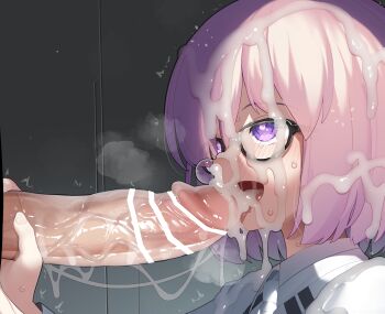 1boy 1girl absurdres after_fellatio bar_censor censored collared_shirt commentary_request cum cum_bubble cum_in_mouth cum_in_nose cum_on_body cum_on_hair cum_on_tongue facial fate/grand_order fate_(series) glasses heart heart-shaped_pupils heart_in_eye hetero highres large_penis large_variant_set mash_kyrielight mizumizuni open_mouth paid_reward_available penis penis_grab purple_eyes purple_hair shirt short_hair solo_focus sweat symbol-shaped_pupils symbol_in_eye tearing_up tears tongue tongue_out variant_set veins veiny_penis white_shirt