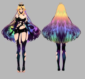 1girl absurdres ahoge arielle_(vtuber) black_gloves black_hair blonde_hair blue_eyes breasts claws cleavage closed_mouth commentary curvy english_commentary eyewear_on_head feet full_body gannon_vt gloves grey_background hair_between_eyes heart heart_ahoge highres huge_breasts indie_virtual_youtuber large_breasts liquid_clothes liquid_hair long_hair makeup multicolored_hair navel official_art rainbow_hair reference_sheet revealing_clothes runny_makeup stirrup_legwear sunglasses thick_thighs thighhighs thighs toeless_legwear toes very_long_hair virtual_youtuber