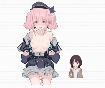 2girls blue_eyes blue_hat blue_necktie blush breasts brown_hair chinese_commentary commentary_request controller diagonal-striped_clothes diagonal-striped_necktie earrings girls_band_cry grey_eyes grey_shirt hat highres hina_(girls_band_cry) holding holding_remote_control iseri_nina jewelry low_twintails medium_breasts multiple_girls necktie nipples object_insertion open_clothes open_mouth open_shirt pink_hair pussy pussy_juice remote_control remote_control_vibrator removing_jacket saliva sex_toy shirt short_twintails striped_clothes trembling twintails vaginal vaginal_object_insertion vibrator white_shirt yun_cao_bing yuri