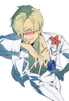 1boy abs absurdres blonde_hair blue_flower blue_rose closed_mouth commentary commission curly_eyebrows english_commentary facial_hair flower goatee hand_in_pocket highres holding holding_flower looking_at_viewer male_focus mrjieshisu mustache one_piece pink-tinted_eyewear rose sample_watermark sanji_(one_piece) short_hair simple_background smile solo sunglasses tinted_eyewear vest watermark white_background white_vest