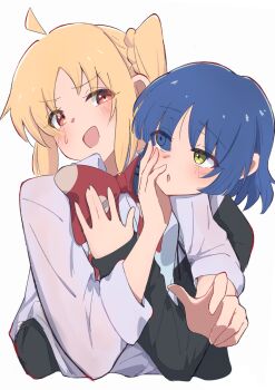 2girls ahoge black_cardigan blonde_hair blue_hair blush bocchi_the_rock! bow bowtie cardigan collared_shirt dokusai_0207 green_eyes highres hug hug_from_behind ijichi_nijika long_hair multiple_girls open_mouth red_bow red_bowtie red_eyes school_uniform shimokitazawa_high_school_uniform shirt short_hair side_ponytail simple_background sweat white_background white_shirt yamada_ryo yuri
